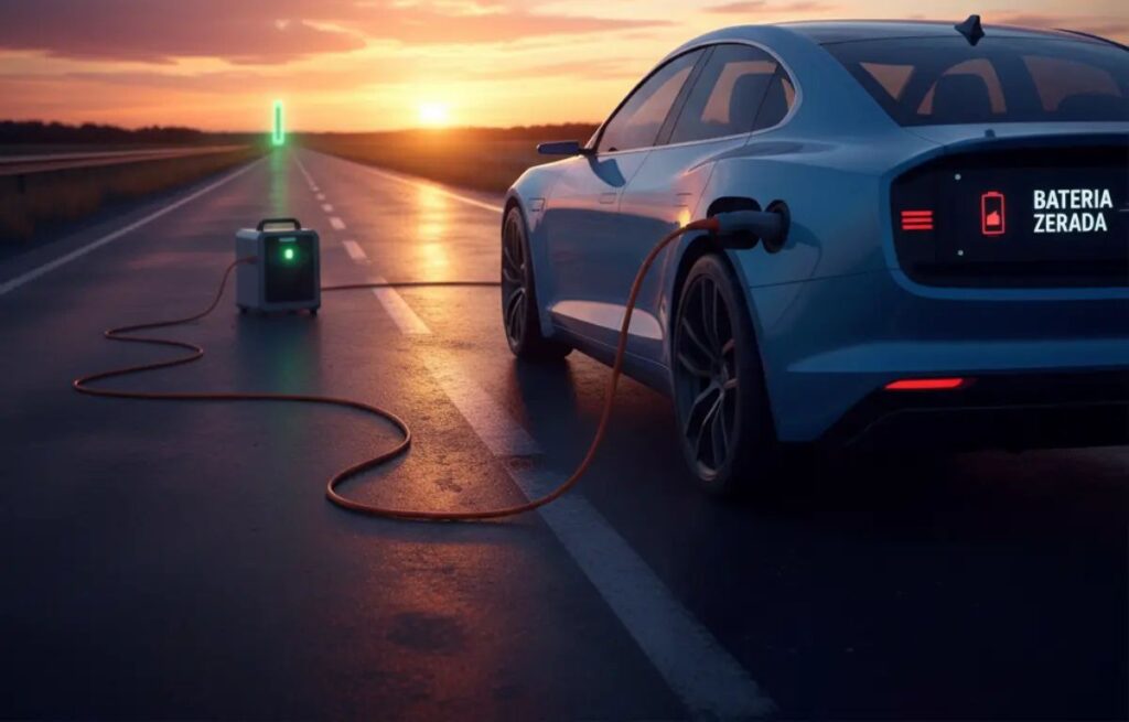 Carro elétrico parado no acostamento de uma estrada com o motorista olhando para o painel, indicando bateria descarregada.