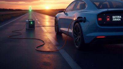 Carro elétrico parado no acostamento de uma estrada com o motorista olhando para o painel, indicando bateria descarregada.