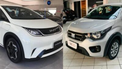 Comparativo visual entre um carro elétrico moderno e um carro a combustão clássico, representando a durabilidade e manutenção de ambos.