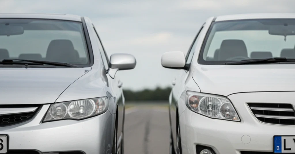 Imagem comparativa frontal entre um Honda Civic G8 2008 e um Toyota Corolla 2008, destacando suas diferenças de design.