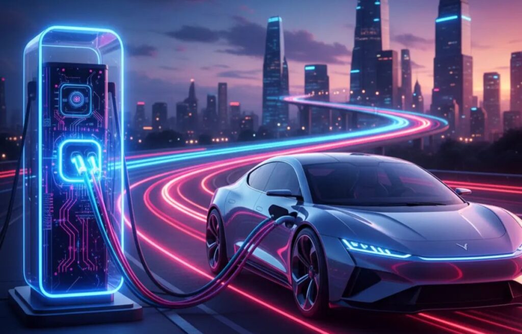 Estação de carregamento ultra-rápido de carros elétricos com múltiplos conectores e veículos em fila, simbolizando A Nova Geração do Carregamento Ultra-Rápido para Carros Elétricos