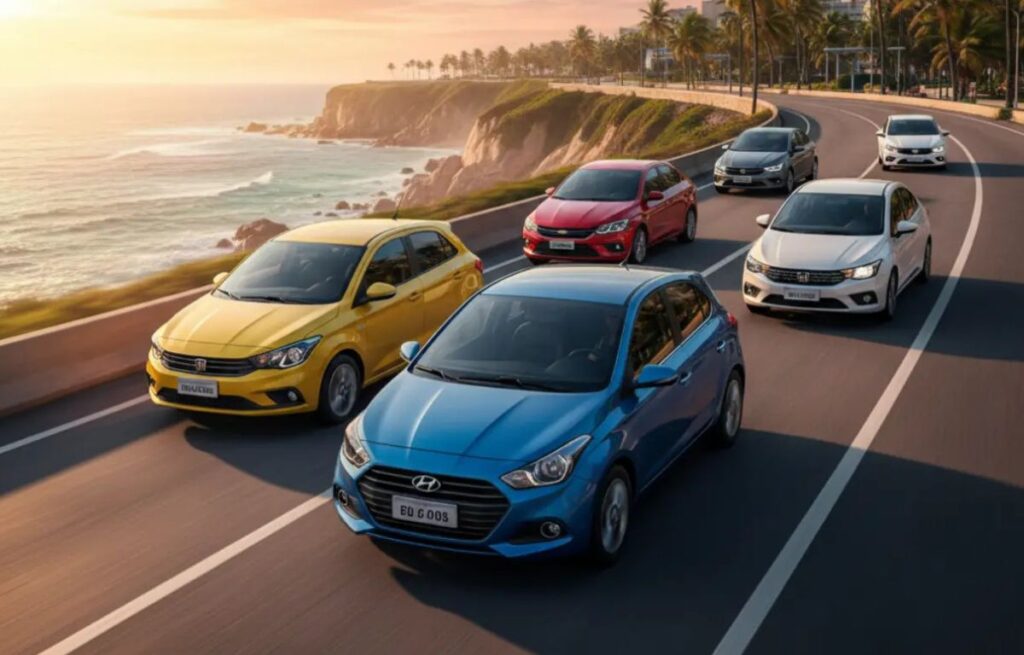 Imagem comparativa mostrando o Hyundai HB20, Chevrolet Onix, Fiat Argo, Honda City e Fiat Cronos lado a lado em um cenário urbano, destacando suas cores e designs.