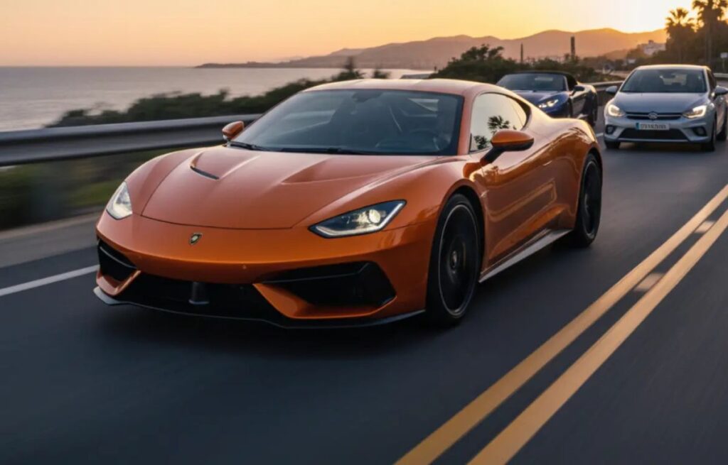 Imagem de um carro esportivo potente acelerando em uma pista, simbolizando a busca por desempenho automotivo.