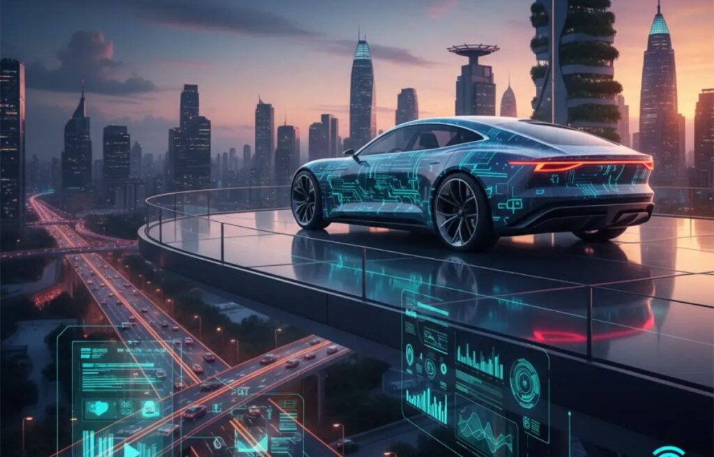 Imagem de um carro moderno e elétrico com elementos de tecnologia ao fundo, representando as startups automotivas que estão inovando no Brasil