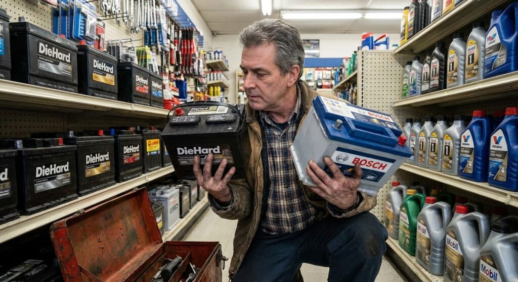 Homem examinando e comparando baterias automotivas para encontrar a melhor opção para seu carro.
