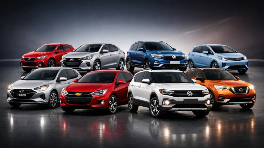 automotivo horizontal destacando “Top 10 custo-benefício 2026”, com carros como HB20, Onix, T-Cross e Kicks em destaque central, organizados em layout premium com iluminação de showroom, reflexos no chão e fundo tecnológico escuro, transmitindo economia, inovação e escolha inteligente.